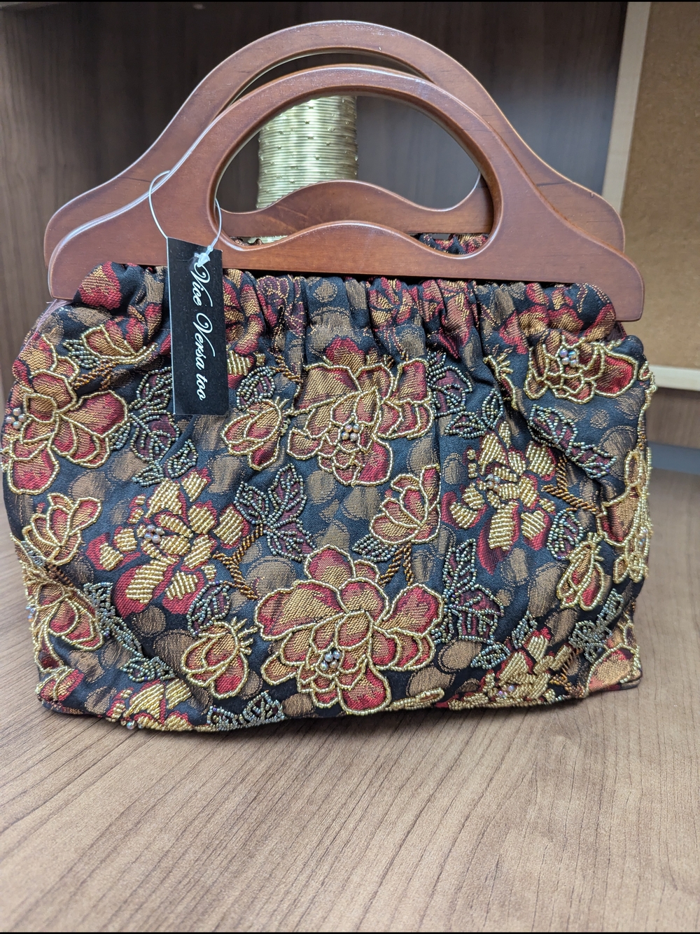 Vice Versa Floral Jacquard Handbag with Wooden Handles